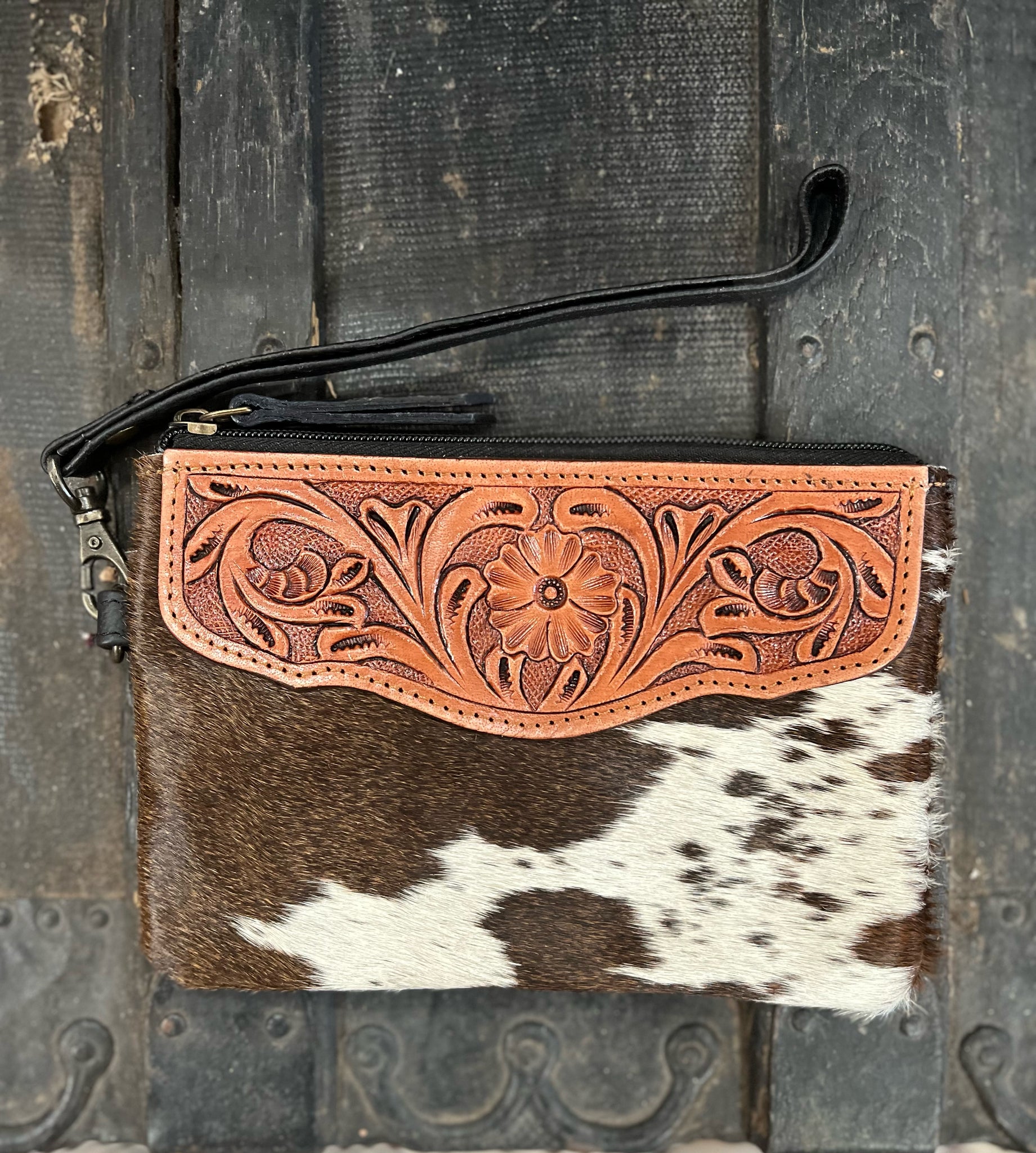 Tooled Leather Cowhide Purse Wristlet
