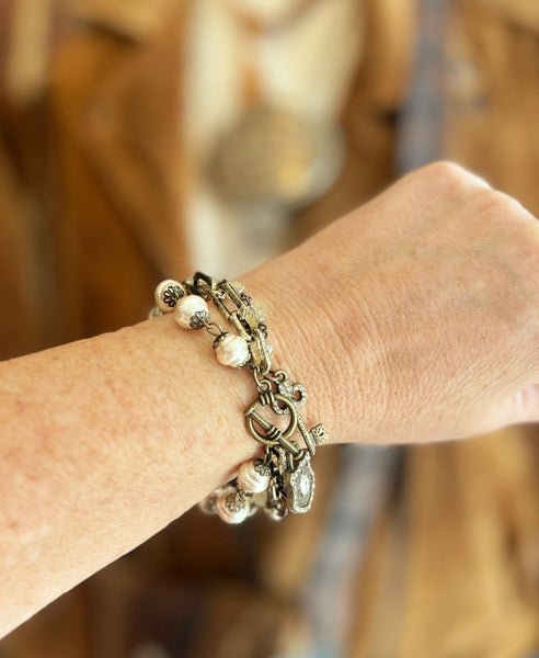 Coffee Pearl Triple Strand Beaded Bracelet