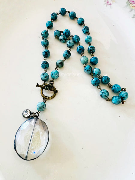 Soldered Crystal Oval Necklace Ice Blue Beaded Chain