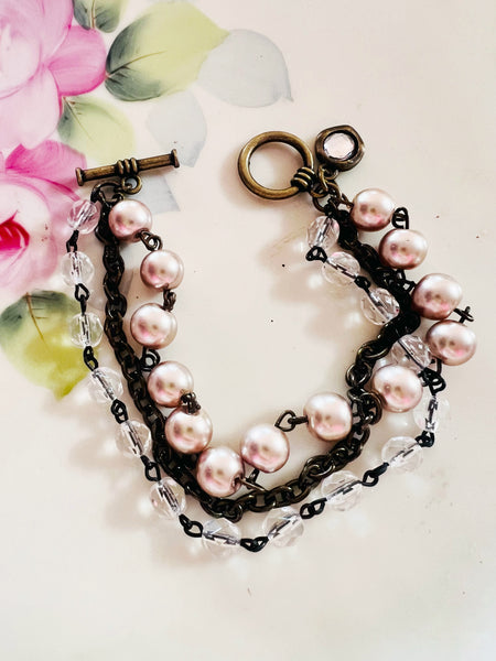 Champagne Tones Triple Strand Beaded Bracelet