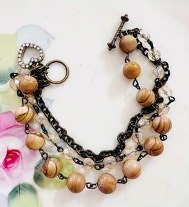 Neutral Brown Tones Triple Strand Beaded Bracelet