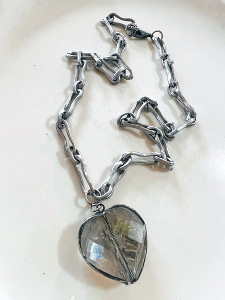 Soldered Smokey Crystal Heart Necklace Silver Matte Metal Chain