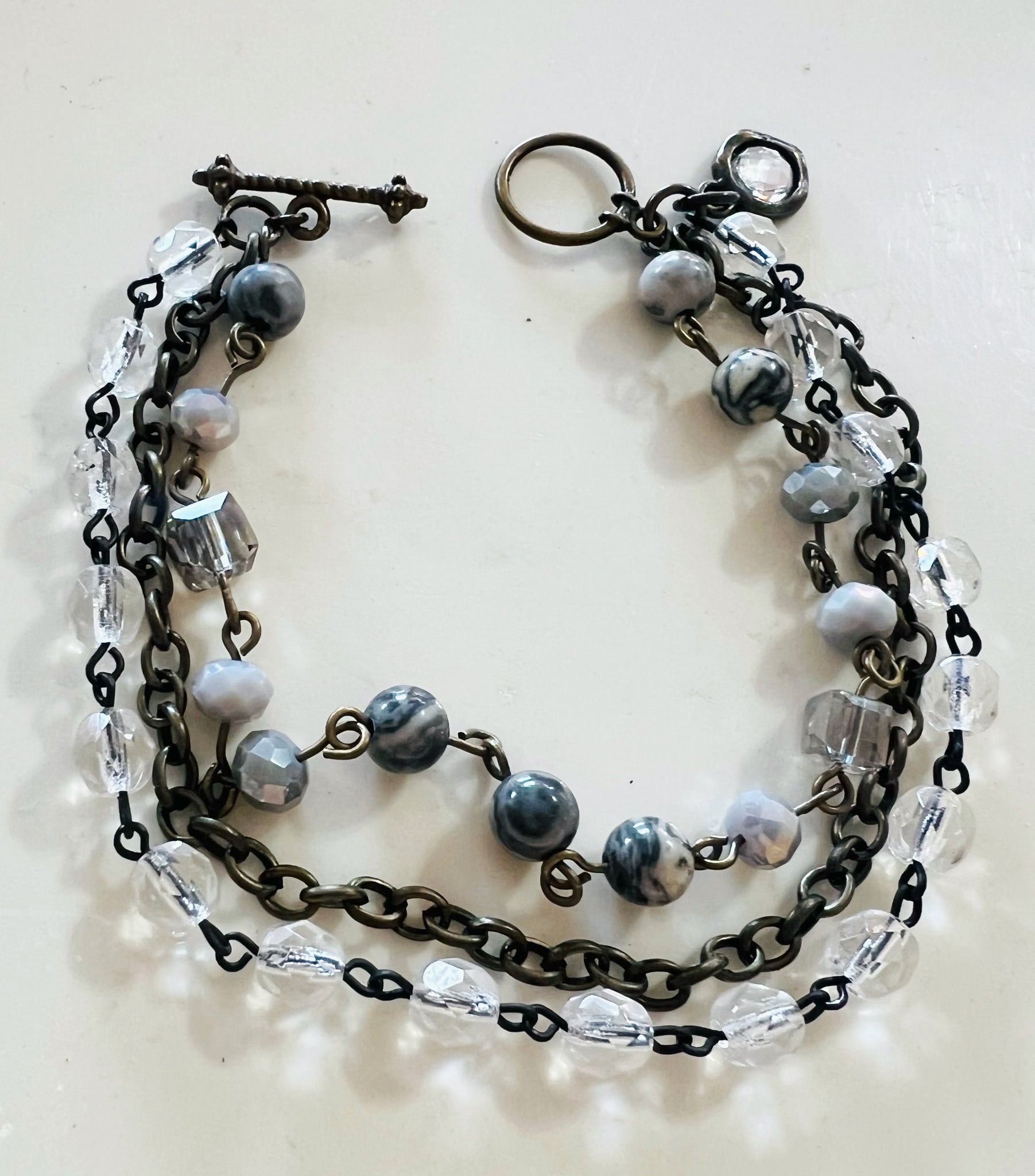 Stormy Grey Tones Triple Strand Beaded Bracelet