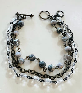 Stormy Grey Tones Triple Strand Beaded Bracelet