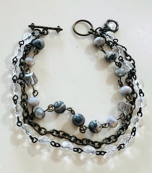 Stormy Grey Tones Triple Strand Beaded Bracelet
