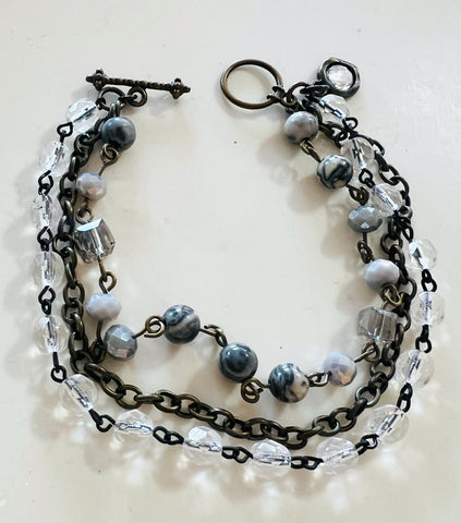Stormy Grey Tones Triple Strand Beaded Bracelet