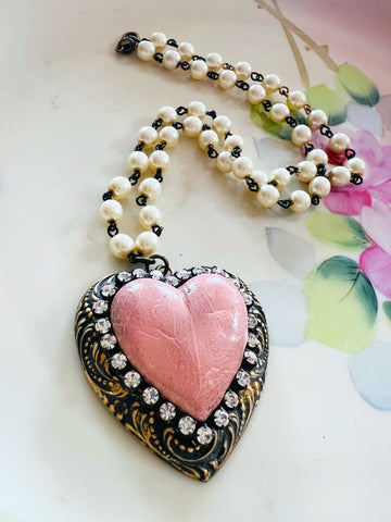Pink Distressed Clay Heart Necklace