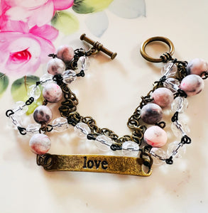 Grey Pink tones Triple Strand Beaded Bracelet