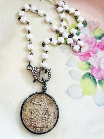 Trade Dollar Vintage Coin Pearl Chain Necklace