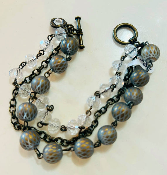Champagne Grey & Gold Triple Strand Beaded Bracelet
