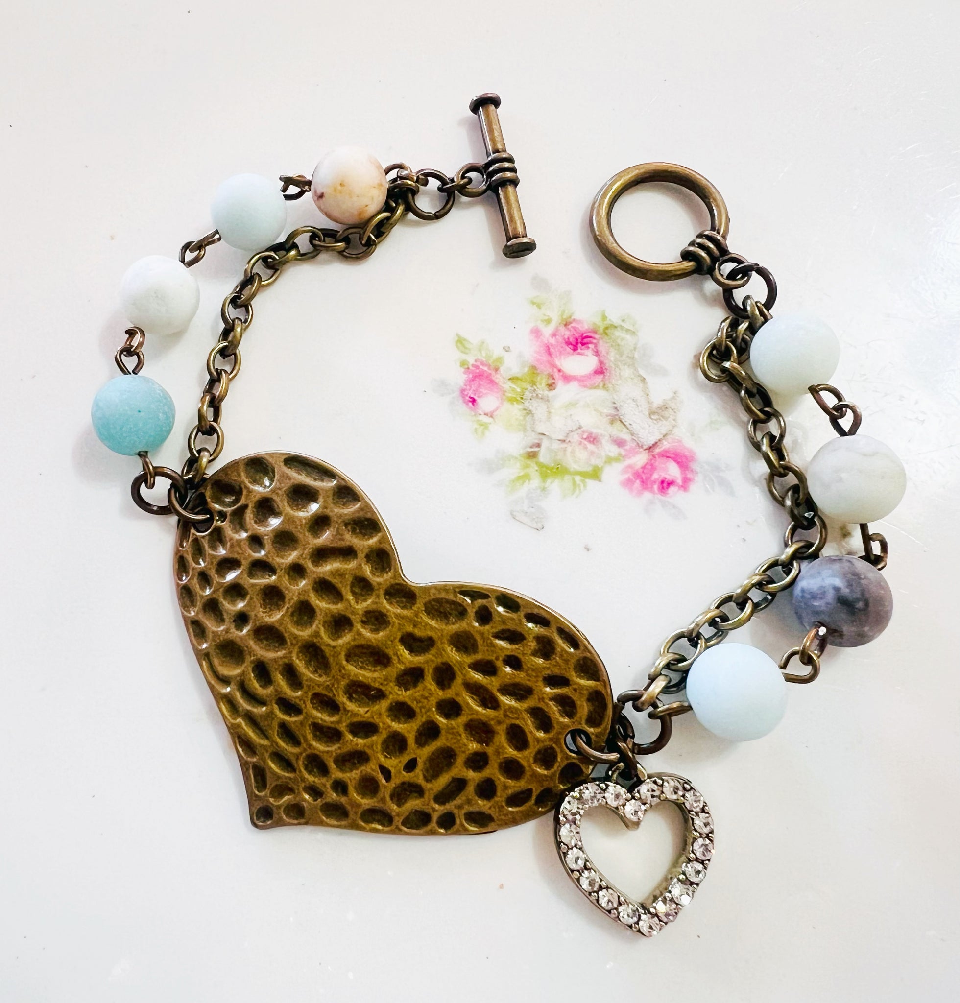 Aqua Neutral tones Heart Charm Beaded Chain Bracelet