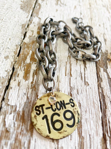 No 169 Brass Patina Vintage Locker Tag on Metal Block Chain