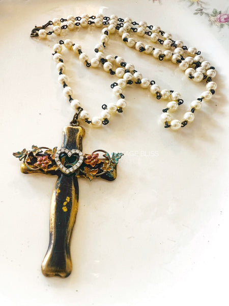 Brass Patina Floral Heart Cross Necklace