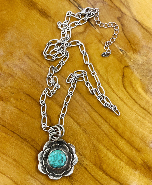 Turquoise Tibetan Silver Flower Necklace