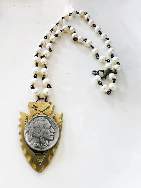 Indian head nickel arrowhead pearl  chain necklace 