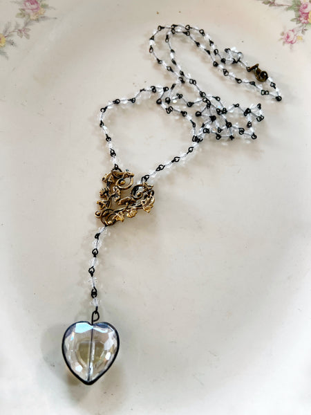 Soldered Heart Crystal Rosary Style Necklace