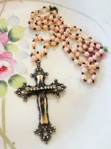 Brass Patina Filigree Cross Necklace