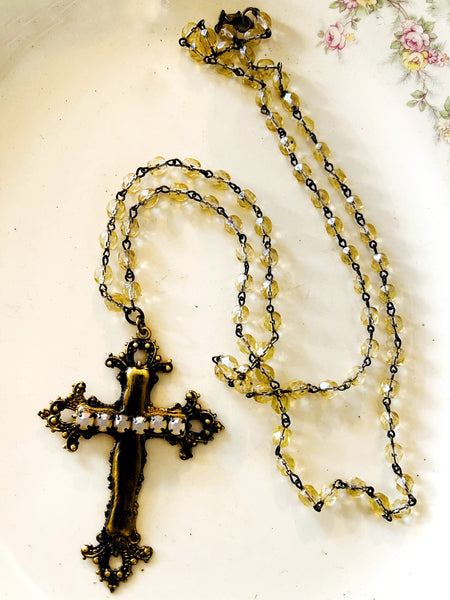 Brass Filigree Patina Rhinestone Cross Necklace