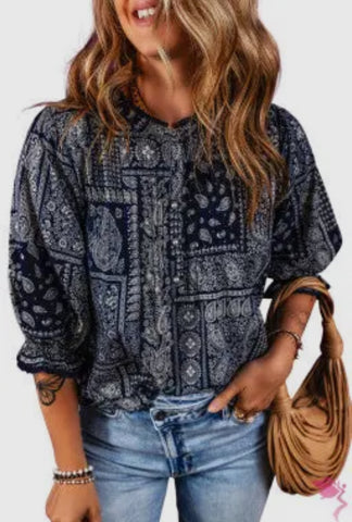 Navy Blue Boho Bandana 3/4 Sleeve Print Top