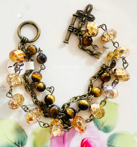 Neutral Brown & Gold tones Triple Strand Beaded Bracelet