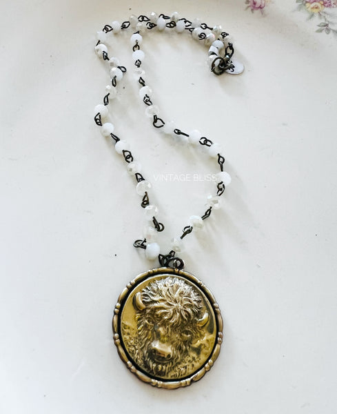 Brass Patina Buffalo Head Necklace