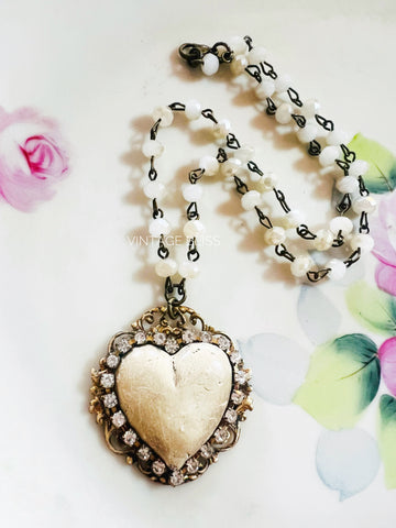 Whitewash Neutral Heart on Filigree Necklace