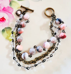 Grey Pink tones Triple Strand Beaded Bracelet