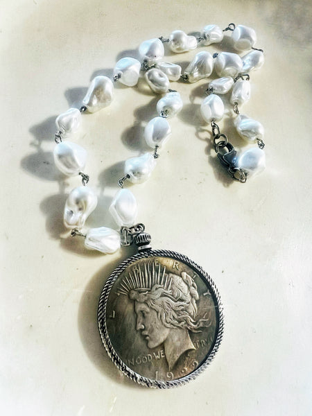 Vintage Liberty Coin Bezel Pearl Beaded Chain Necklace