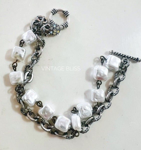 Silver Metal Chain &  Pearl Chain Bracelet