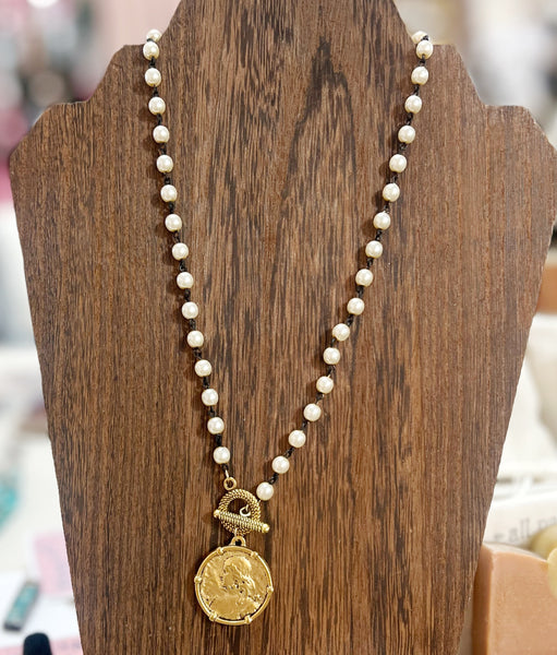 Gold Coin Pendant Pearl Chain Necklace