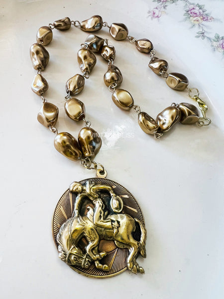 bronc rider brass pearl necklace western rodeo