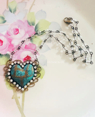 Turquoise Patina Heart Filigree Necklace