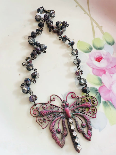 Pink Boho Butterfly Filigree Necklace