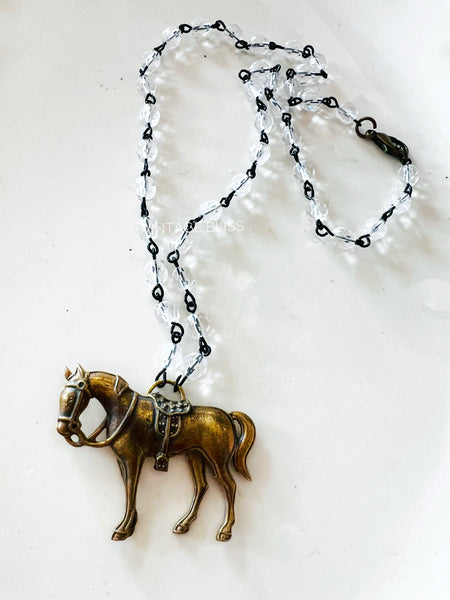 Brass Horse Crystal Beaded Chain Necklace