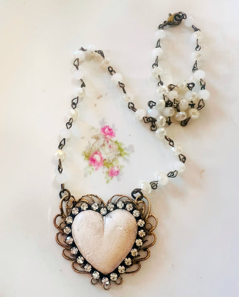 Whitewash Clay Heart Filigree Necklace