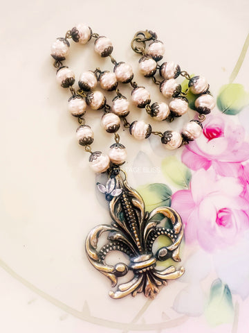 Fleur De Lis Coffee Pearl Beaded Chain Necklace