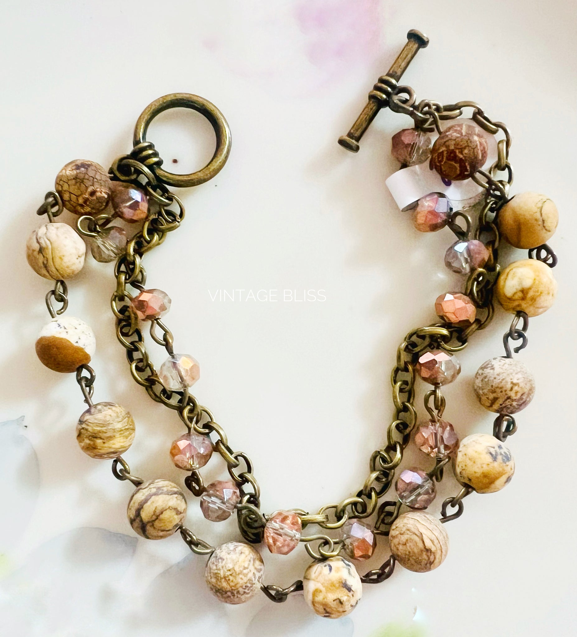 Neutral Brown Triple Strand Beaded Bracelet