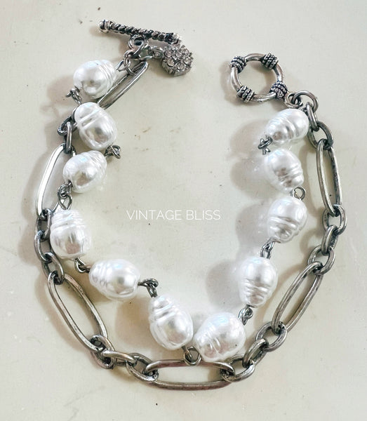 Silver Paperclip Chain &  Pearl Chain Bracelet