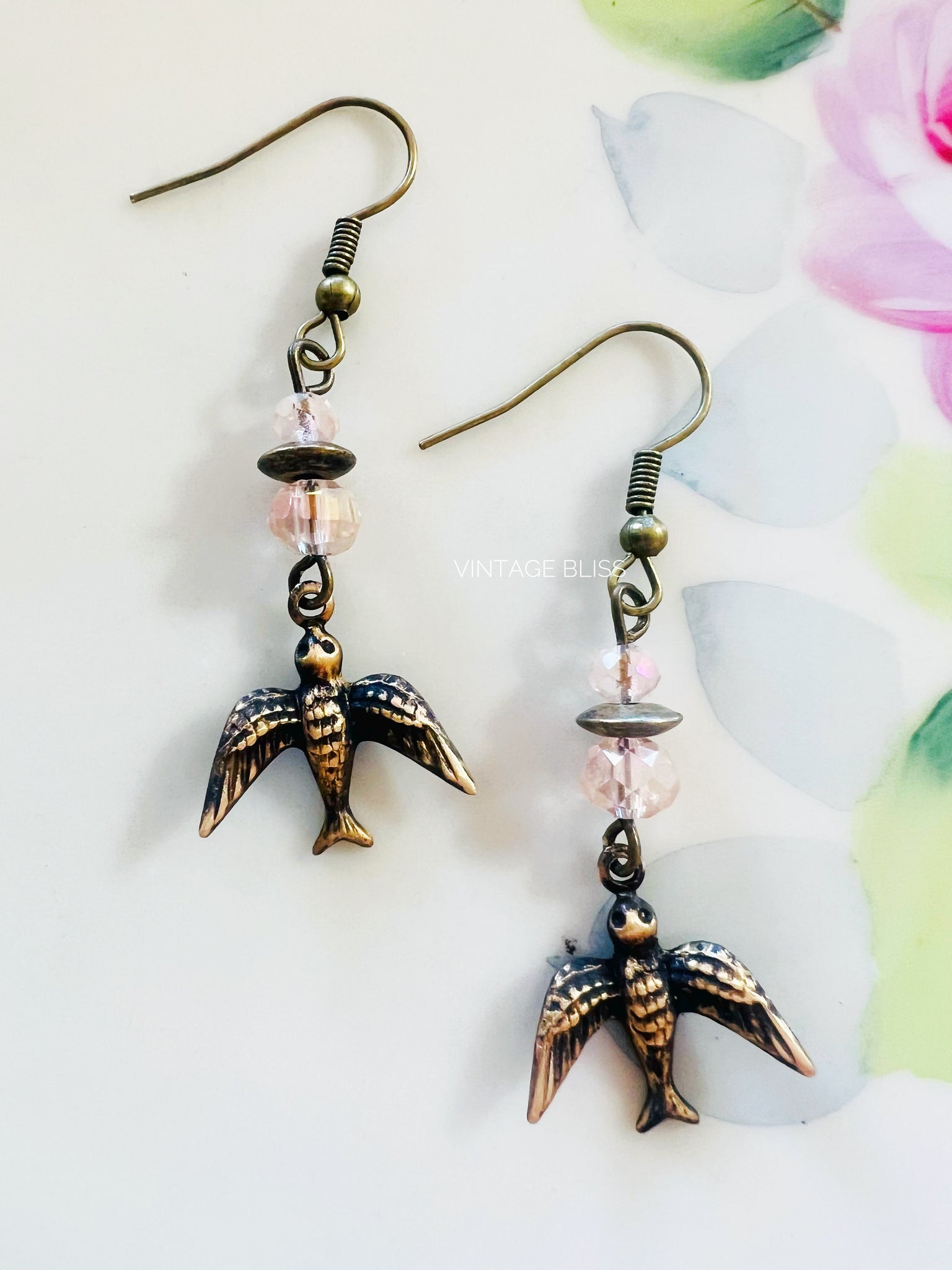 Fly Away Sparrow Earrings Pink beads