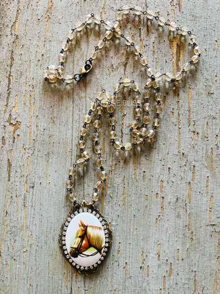 Western Horse Cameo Filigree Necklace Beaded Chain