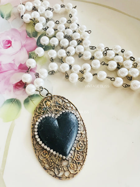 My Black Heart Filigree Necklace long pearl
