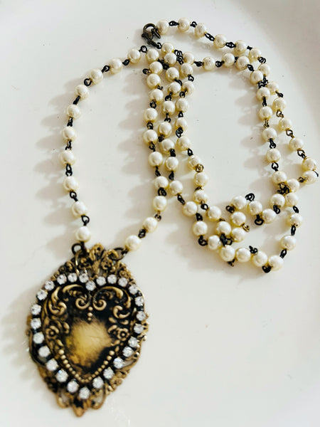 Brass Patina Heart Filigree Necklace