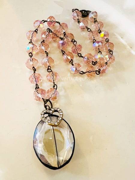 Soldered Crystal Oval Necklace Pink Beaded Chain