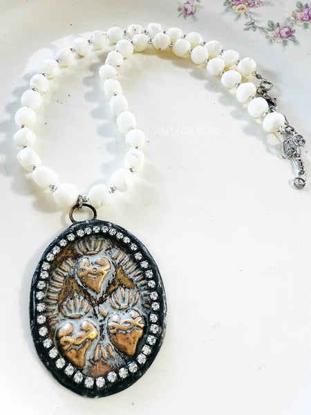 Sacred Heart Medallion Mother of Pearl Chain Necklace