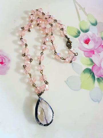 Soldered Crystal Drop Necklace Pink Beaded Chain