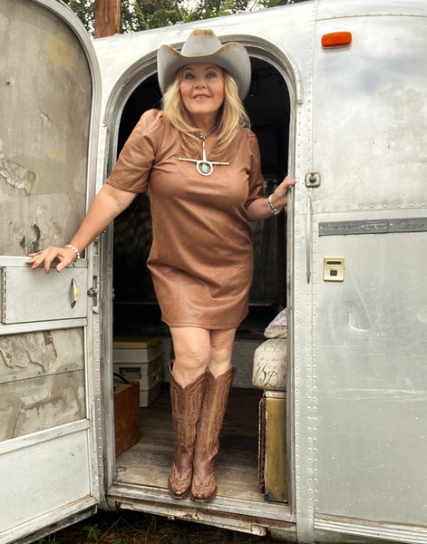 NFR or Bust Faux Leather Ruffle Trim Dress