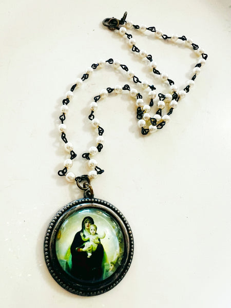 Religious Medallion Pearl Chain Necklace