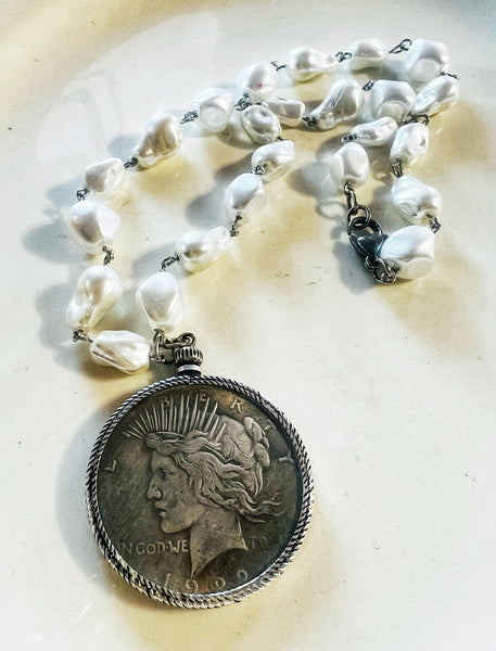 Vintage Liberty Coin Bezel Pearl Beaded Chain Necklace