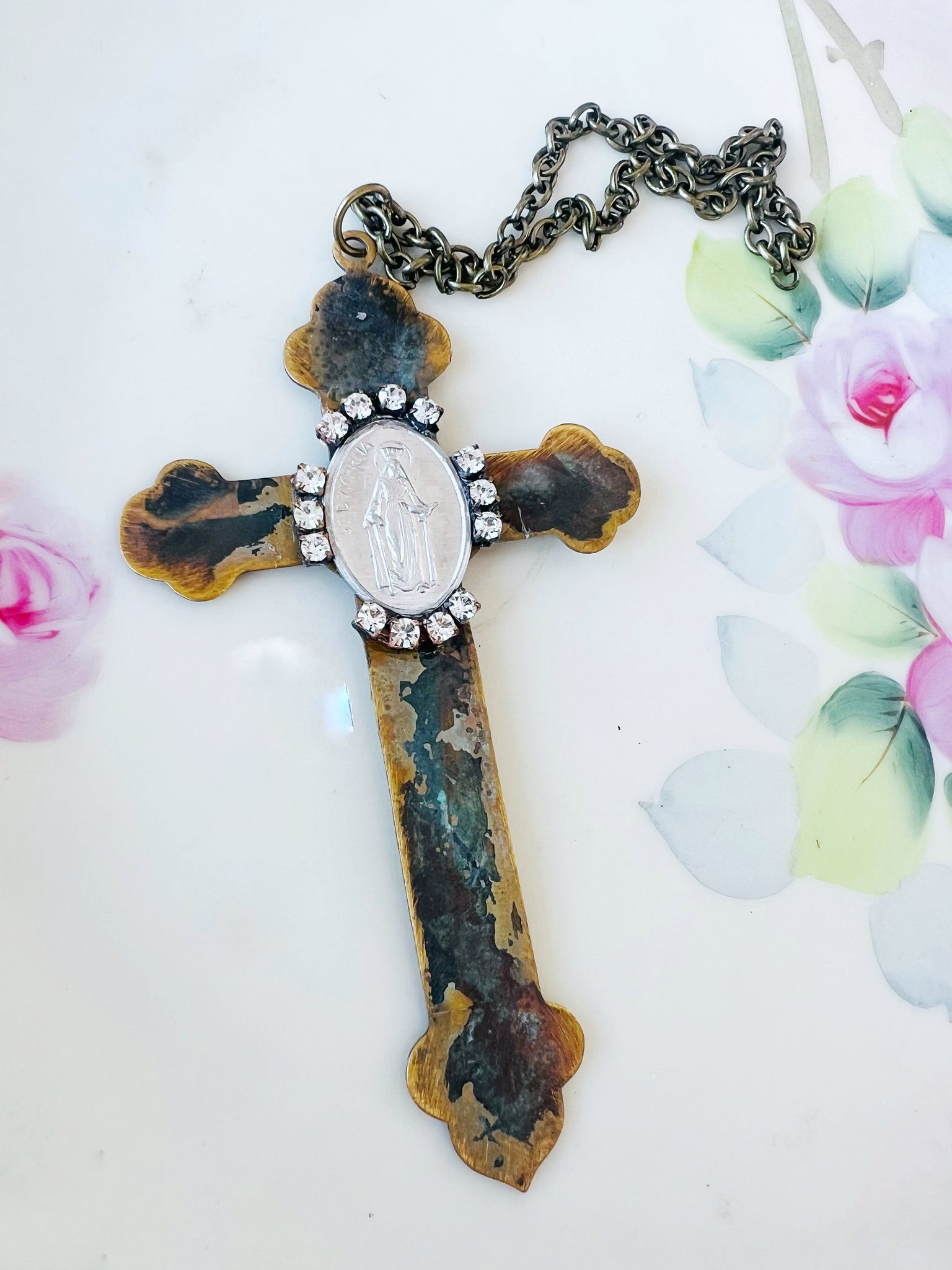 Brass Patina Religious Medallion Cross Ornament