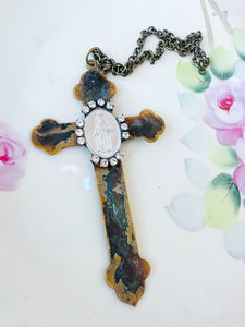 Brass Patina Religious Medallion Cross Ornament